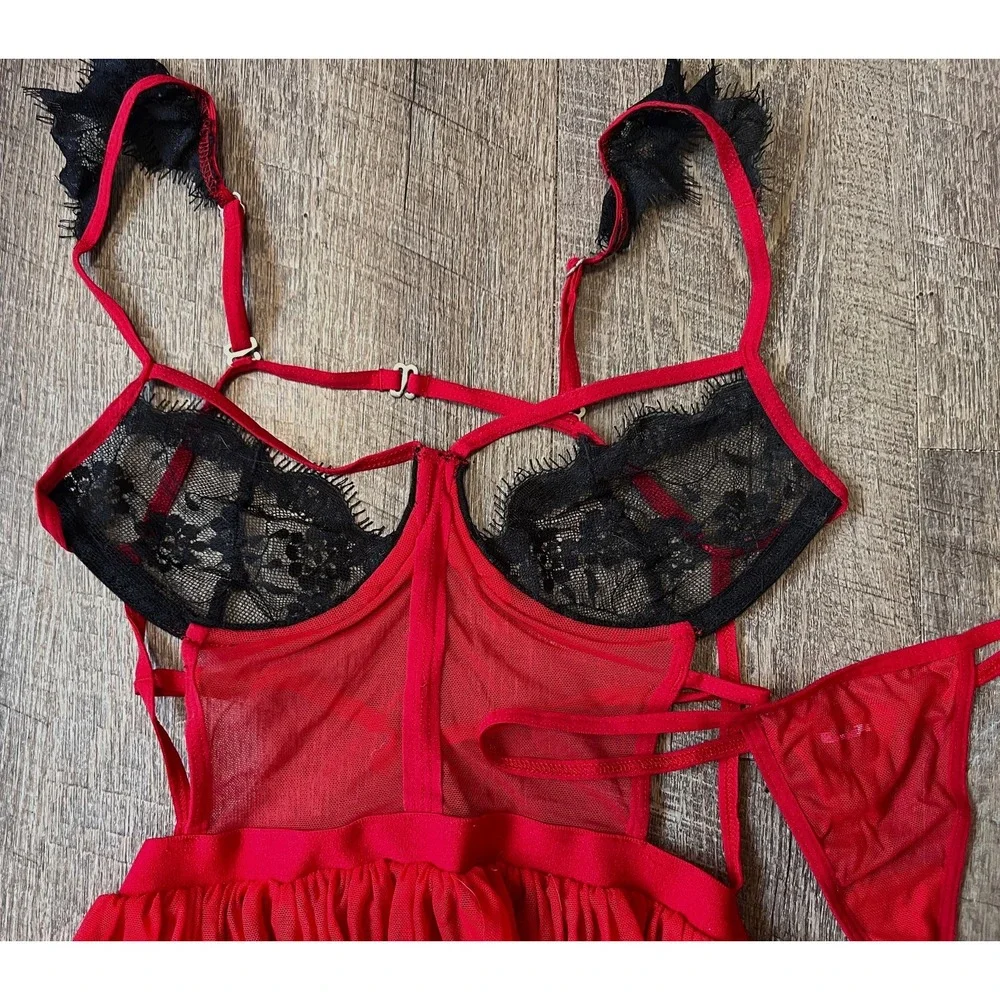 Red and black strappy 2 pc lingerie‎ teddy mesh lace babydoll sexy size S/M